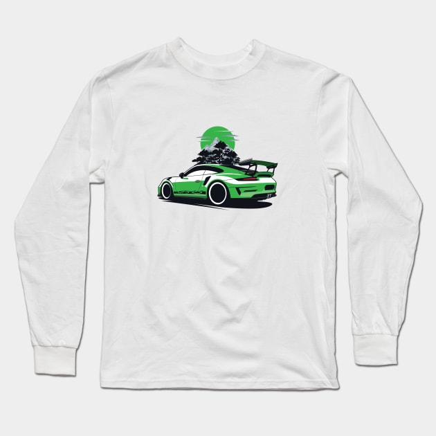 Green GT3 RS Super Car in Mountains Long Sleeve T-Shirt by KaroCars